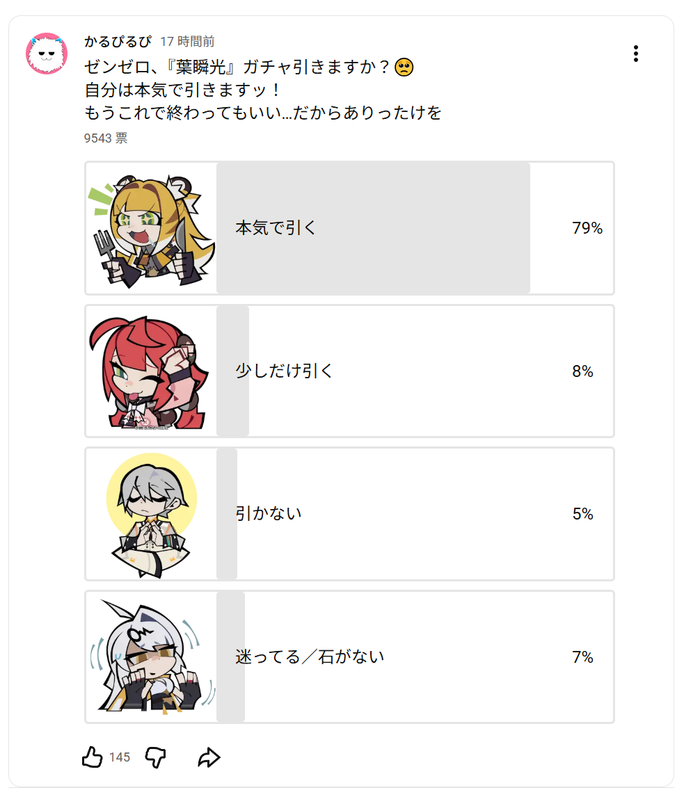 ゼンゼロ葉瞬光ガチャを引くかどうかに関するYouTubeアンケート結果（投票9526票）